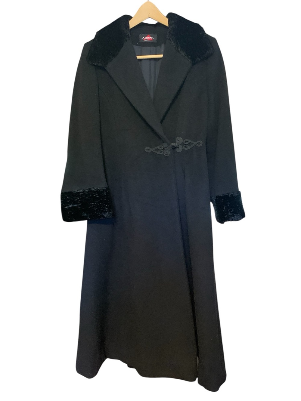 Vintage Alorna Black Wool Princess Dress Coat Persian Lamb Fur Trim M/L 12/14